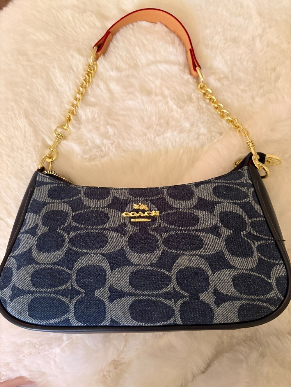 COACH Denim Signature Chain Shoulder Bag in Blue